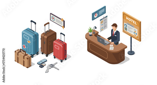 Isometric hotel reception with luggage and concierge service elements
