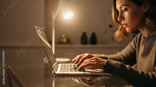 Young woman working on laptop computer at night in a dimly lit room