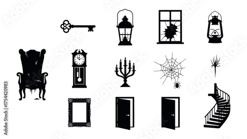 Mysterious Silhouettes: A collection of haunted elements, from keys to a broken window, evoking an eerie atmosphere.