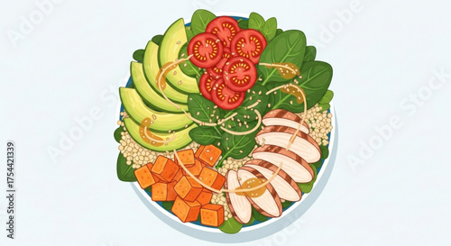 A vibrant and healthy salad bowl with avocado, tomato, spinach, chicken, sweet potato, and barley, perfect for a nutritious meal