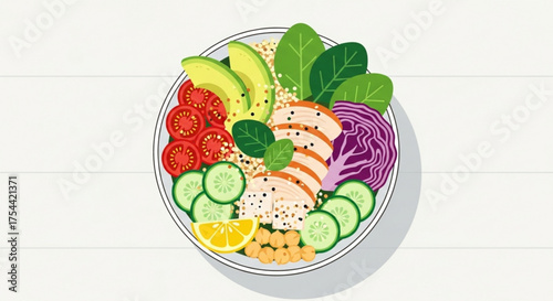 Overhead view of a vibrant buddha bowl, , featuring fresh avocado, juicy tomatoes, crisp cucumbers, and tender grilled chicken