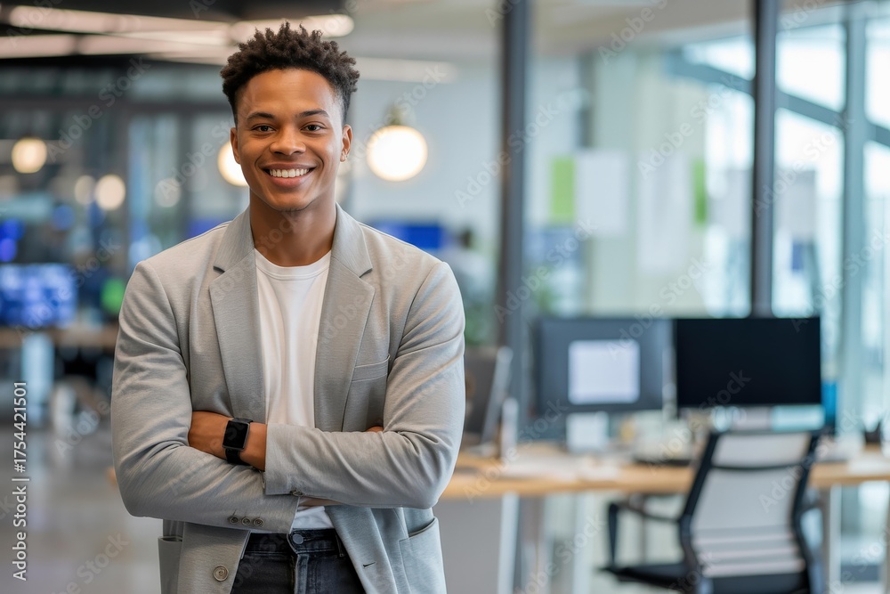Fototapeta premium Smiling Young Black Professional in Light Gray Blazer — Modern Office Headshot for Careers & Startups