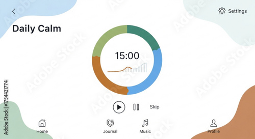 Close up of a tablet screen showing a daily calm app interface with a timer and settings