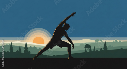 Silhouette of a man doing yoga at sunrise with a beautiful landscape, promoting wellness, mindfulness, and a healthy lifestyle in a serene outdoor setting
