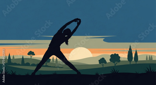 Silhouette of a woman stretching at sunrise in a peaceful landscape, promoting wellness, mindfulness, and a healthy lifestyle through outdoor exercise
