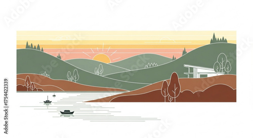 Scenic landscape featuring a lake, mountains, and a modern house at sunset, with boats on the water, creating a tranquil and picturesque scene