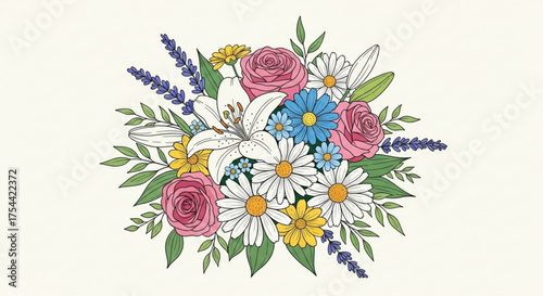A colorful floral bouquet with roses, daisies, lilies, and lavender, , creating a beautiful and elegant arrangement