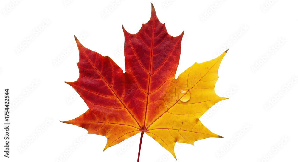 Fototapeta premium Vibrant autumn maple leaf with water drop, red and yellow fall foliage on white background, seasonal nature element for thanksgiving design