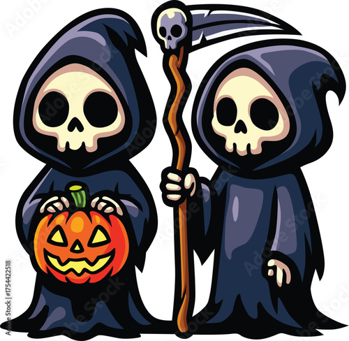 Two cute grim reapers holding pumpkin and scythe with spooky charm