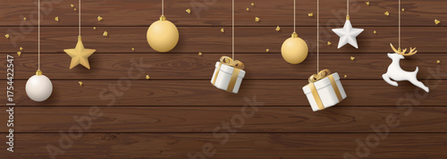 3D Christmas ornaments gold and white colors hanging with confetti on wooden background graphic illustration have blank space.