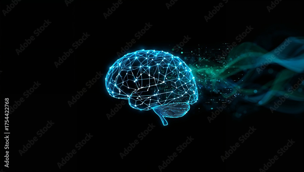 Fototapeta premium Floating neon digital wireframe brain emitting greenish-blue particles in virtual space with nodes