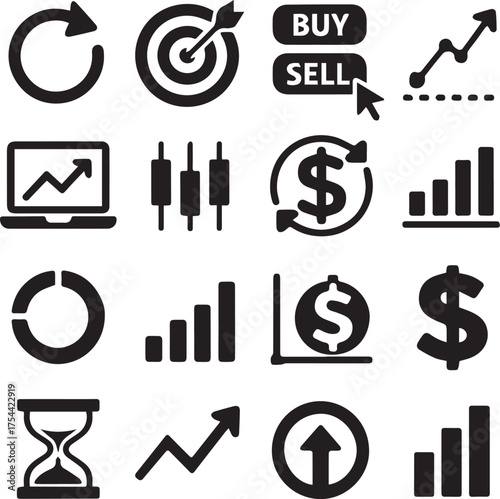 Finance and trading icon set vector illustration in black and white with graphs, charts, currency and data symbols