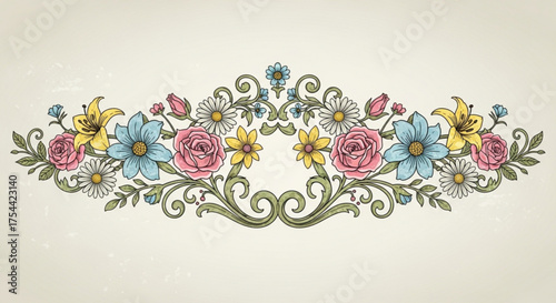 Decorative floral ornament with roses, lilies, daisies, and leaves in vintage style, perfect for wedding invitations, greeting cards, or any design project