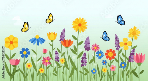 Spring flowers and butterflies summer meadow with blooming plants and insects floral background with daisies, poppies, bluebells