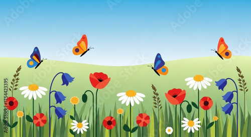 Spring meadow with flowers and butterflies summer landscape with blooming plants and insects floral background with daisies, poppies, bluebells