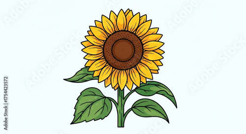 Illustration of a vibrant sunflower with bright yellow petals, a brown center, and green leaves, , showcasing its beauty and simplicity