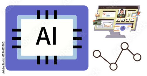 AI chip with neural lines, desktop displaying data and analytics visuals, and a network diagram. Ideal for technology, automation, neural networks, data visualization, artificial intelligence
