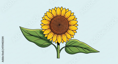 A vibrant sunflower with detailed petals and leaves, perfect for summer themes, nature illustrations, or educational materials, set against a soft background