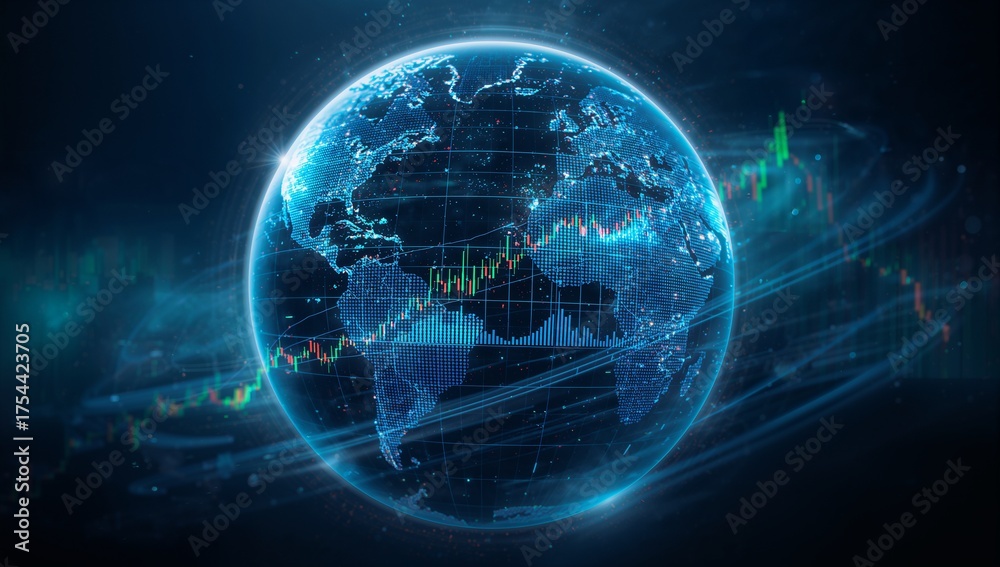 Obraz premium Digital Earth globe rotating in data dashboard, with 3D grid, candlestick and line graphs