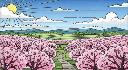 A picturesque cartoon landscape showcasing a field of flowering cherry trees, a meandering path, and a bright sky with soft clouds