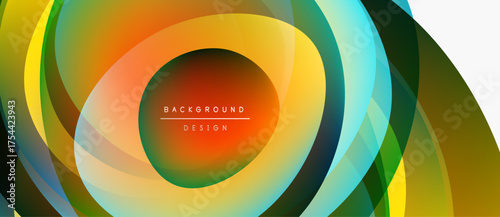 Abstract layered shapes create vibrant colorful design. Concentric curves blend orange, yellow, green, turquoise hues. Modern background element.