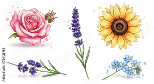 Watercolor flowers rose, lavender, sunflower, and forgetmenot in a beautiful arrangement handpainted floral illustration