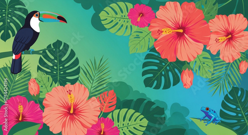 Lush tropical illustration featuring a toucan, hibiscus blossoms, monstera leaves, and a blue frog, evoking a vibrant and exotic rainforest ambiance