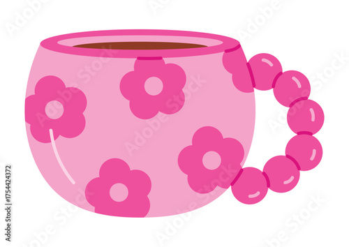 Cute pink mug with flower pattern and beaded handle on white isolated background vector illustration