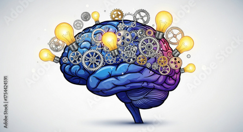 Brain with gears and light bulbs, symbolizing creativity, innovation, and problemsolving, , a concept of mental process