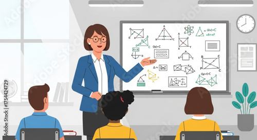 Teacher teaching mathematics to students in classroom, explaining geometric shapes and equations on whiteboard, creating interactive learning environment