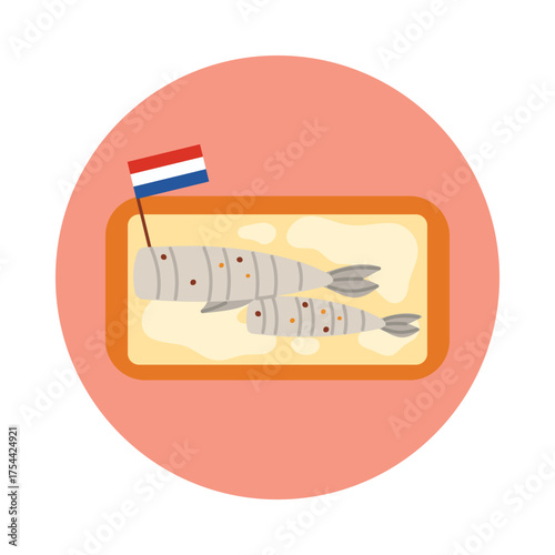 Traditional Dutch herring fish with Netherlands flag on tray, isolated on white background vector illustration