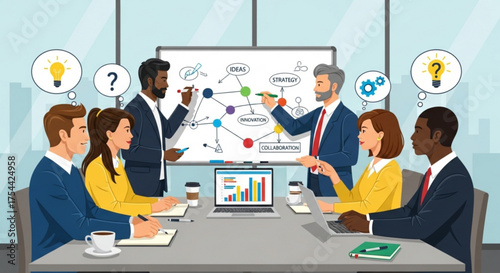 Diverse team brainstorming ideas in a modern office, collaborating on a whiteboard with charts and graphs, fostering innovation and strategic planning for business growth