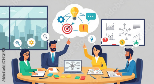 Business team brainstorming ideas in a modern office, collaborating on a laptop with charts and graphs, fostering innovation and strategic planning for growth