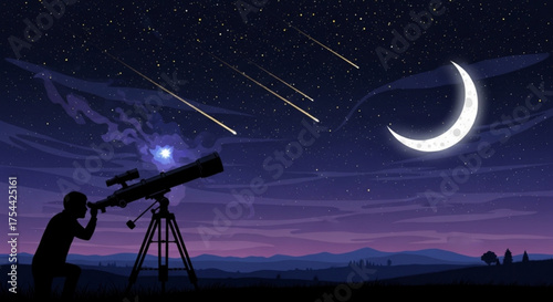 Man watching meteor shower with telescope at night, crescent moon and stars, astronomy and science concept, vector illustration