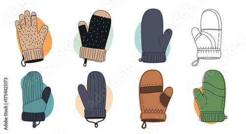 A collection of eight different pairs of winter mittens with various patterns and colors.