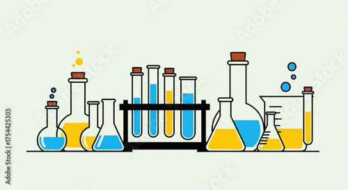 Illustration of laboratory glassware with colorful liquids, ideal for science, chemistry, and education themes