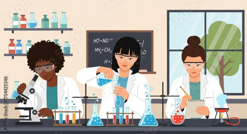 Three young female scientists are conducting experiments in a laboratory, wearing lab coats and safety glasses, using microscopes and beakers, with a blackboard in the background