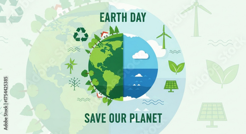 Earth day illustration with green and blue globe, renewable energy icons, and text earth day save our planet on a light green background