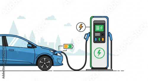 Illustration of an electric car charging at a station, highlighting the concept of sustainable transportation and renewable energy