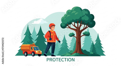 A forest ranger stands guard near a lush forest, ensuring the protection of the trees and wildlife, with a truck nearby