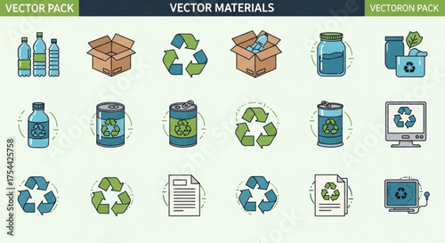 Collection of recycling icons and vector materials illustrating waste management, including bottles, cans, paper, and boxes