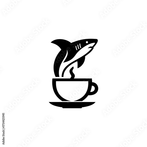 Creative logo illustration of a shark jumping from a coffee cup in minimalist black design