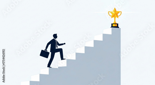 A businessman climbs stairs towards a trophy, symbolizing ambition, success, and the achievement of goals in business and career