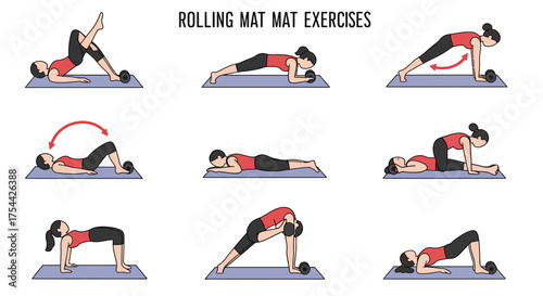 Woman Performing Various Rolling Mat Exercises for Fitness.