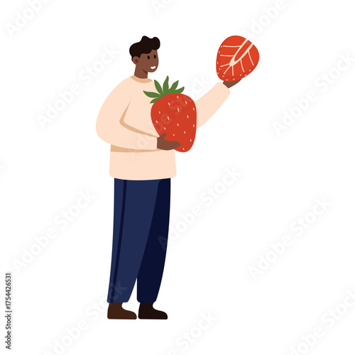 Smiling person holding large strawberry and berry slice on white isolated background vector illustration