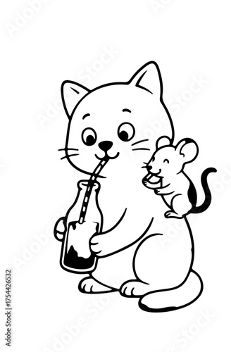 A cat and mouse are drinking bottle together 