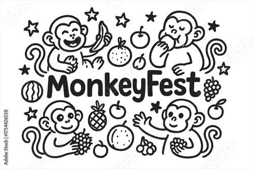 MonkeyFest Doodle Bliss. Doodle monkey buffet festival thailand with stars, monkeys, and fruits, center word “MonkeyFest” in black