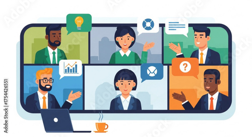 Virtual meeting with diverse team members discussing business ideas and strategies via video conference on a large screen