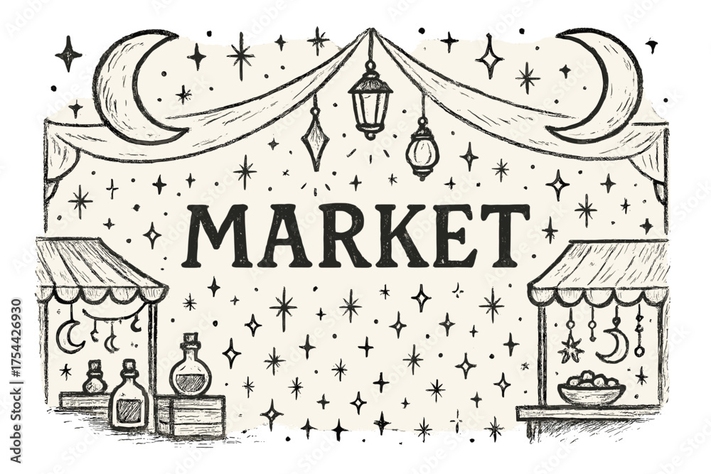 Fototapeta premium Magical Marketplace Illustration. Hand-drawn magical marketplace with moons, lanterns, and sparkles, center word “Market” in black