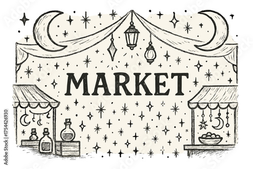 Magical Marketplace Illustration. Hand-drawn magical marketplace with moons, lanterns, and sparkles, center word “Market” in black